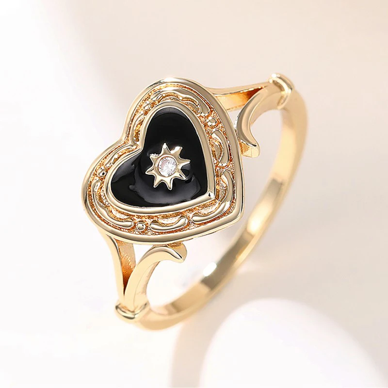 Huitan Schwarze Herz-Emaille-Ringe mit glänzendem Sonnen-Design, neue Ringe für Frauen, Hochzeit, Party, Statement, Damen-Accessoires, Schmuck