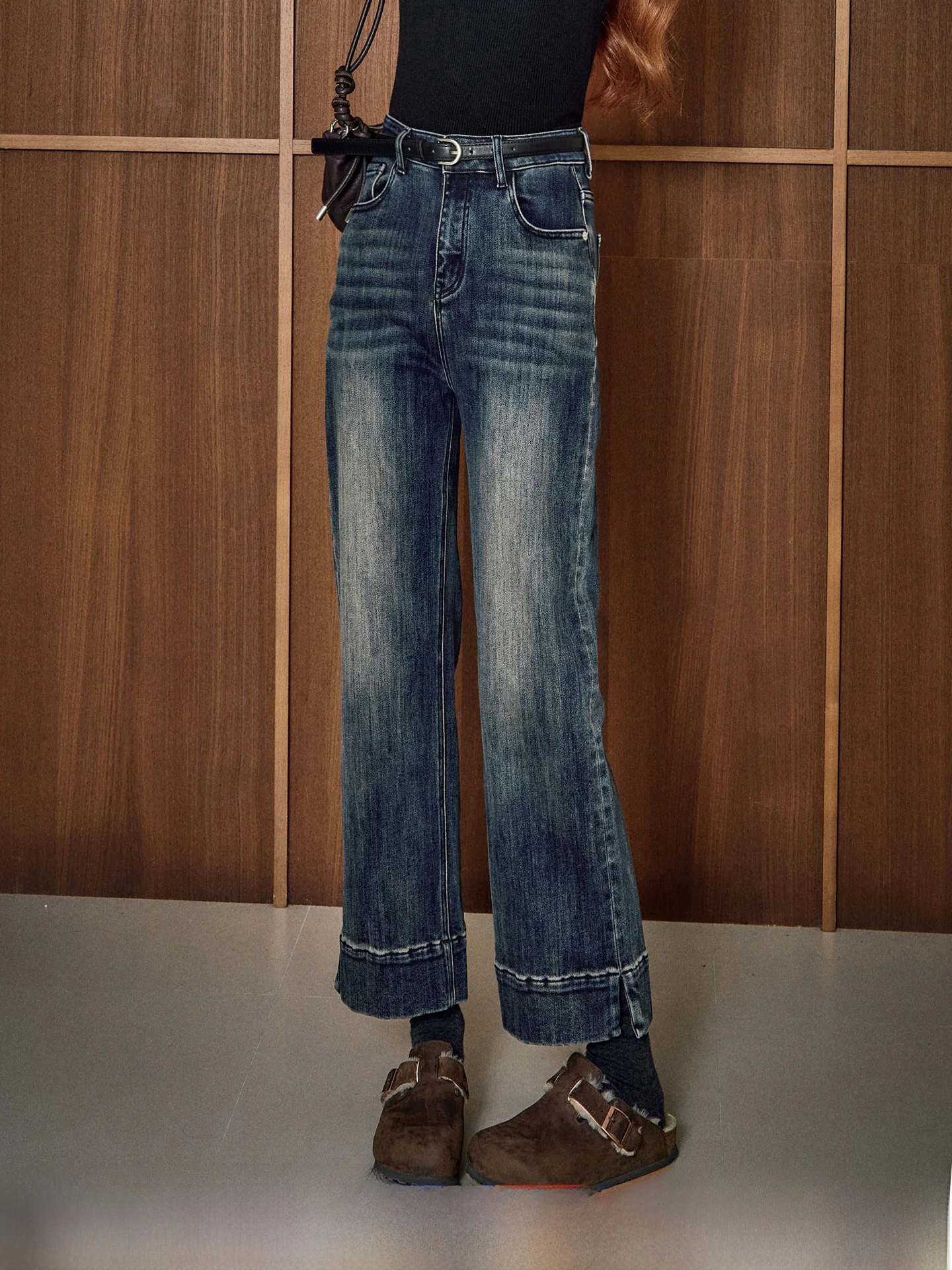 Retro Faded Midnight Blue Jeans Women's Winter New Casual Straight Leg Pants Slimming Comfortable Cotton Polyester Blend