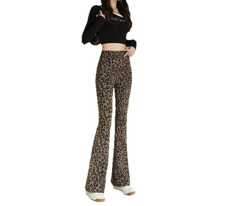 

Leopard Print Micro-pull Pants Spring and Autumn Printing New Versatile Elastic Casual Flared Pants High-waisted Pants
