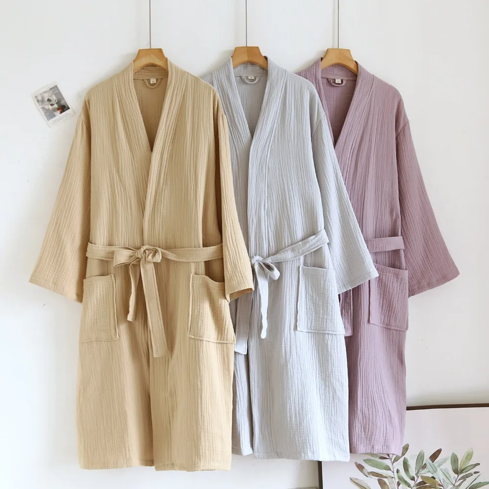 New Solid Color Kimono Robe Loungewear Clothes Bathrobe Women's Dressing Gowns Cotton Spring Autumn Long Sleeve Thin Sleepwear