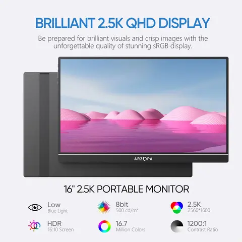 ARZOPA 16" 2.5K QHD Portable Monitor 16:10 IPS Screen with type-c mini hdmi Second Display for MAC/Laptop/PC/Xbox/PS/Switch,Z1RC