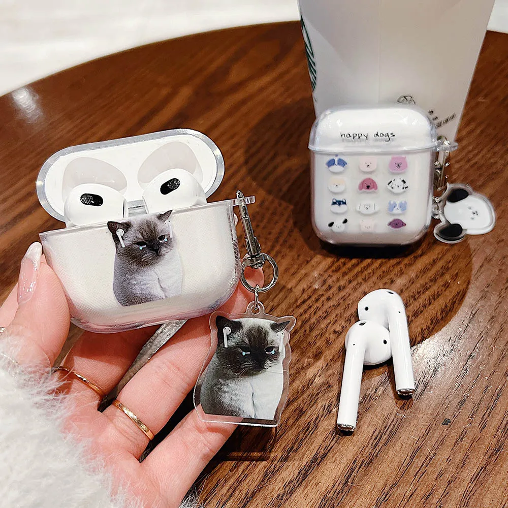 Apple Airpods 1/2/Proの保護ケース (keyチェーン付き),かわいい猫の犬のデザインが施されたシリコン製の猫の保護ケース