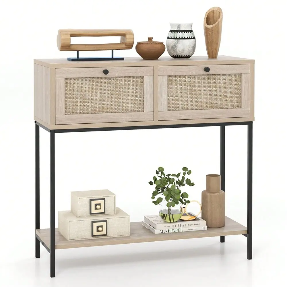 Console Table Entryway Table Long Sofa Side Table W Open Shelf Rattan Drawers