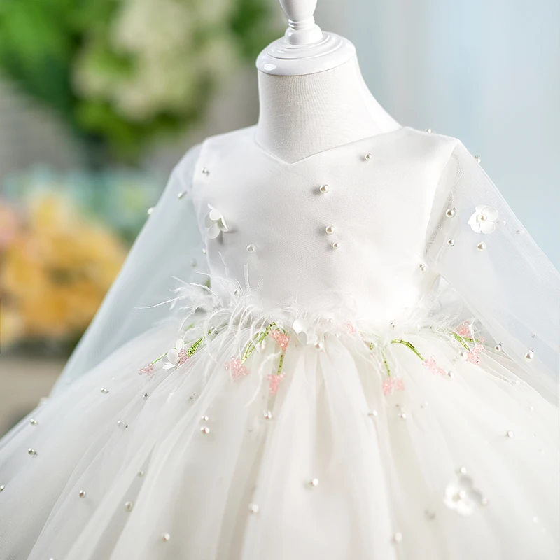 Jill Wish J553 robe de fille de fleur blanche élégante fleurs 3D à manches longues princesse enfants arabe mariage fête d'anniversaire robe de soirée