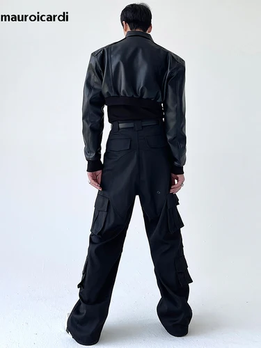 Imagen 2 del producto Mauroicardi-Chaqueta corta de cuero Pu para hombre, ropa de diseñador de lujo con cremallera de manga larga, moda europea de pasarela, primavera y otoño, 2023
