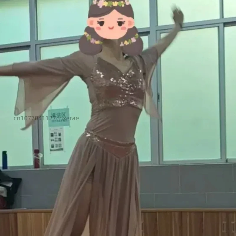 Новый костюм для танца живота, осенне-зимний сетевой костюм для восточных танцев, комплект платьев для занятий животом для женщин