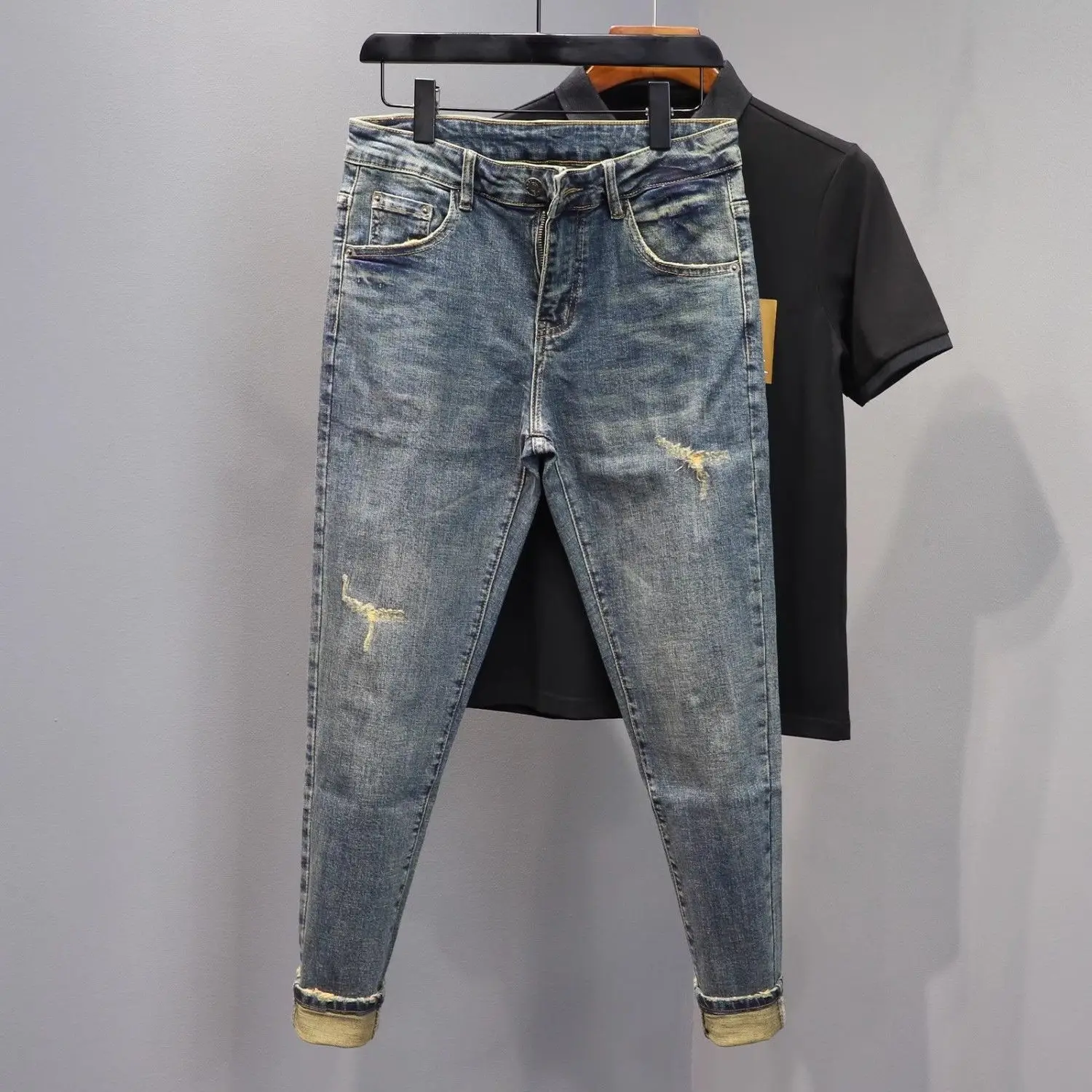 

Korean Reviews Many Men's Clothes Denim Jeans 2025 Spring and Summer Trendy Brand Slim Small Feet Retro Cowboy Blue Jeans Pants
