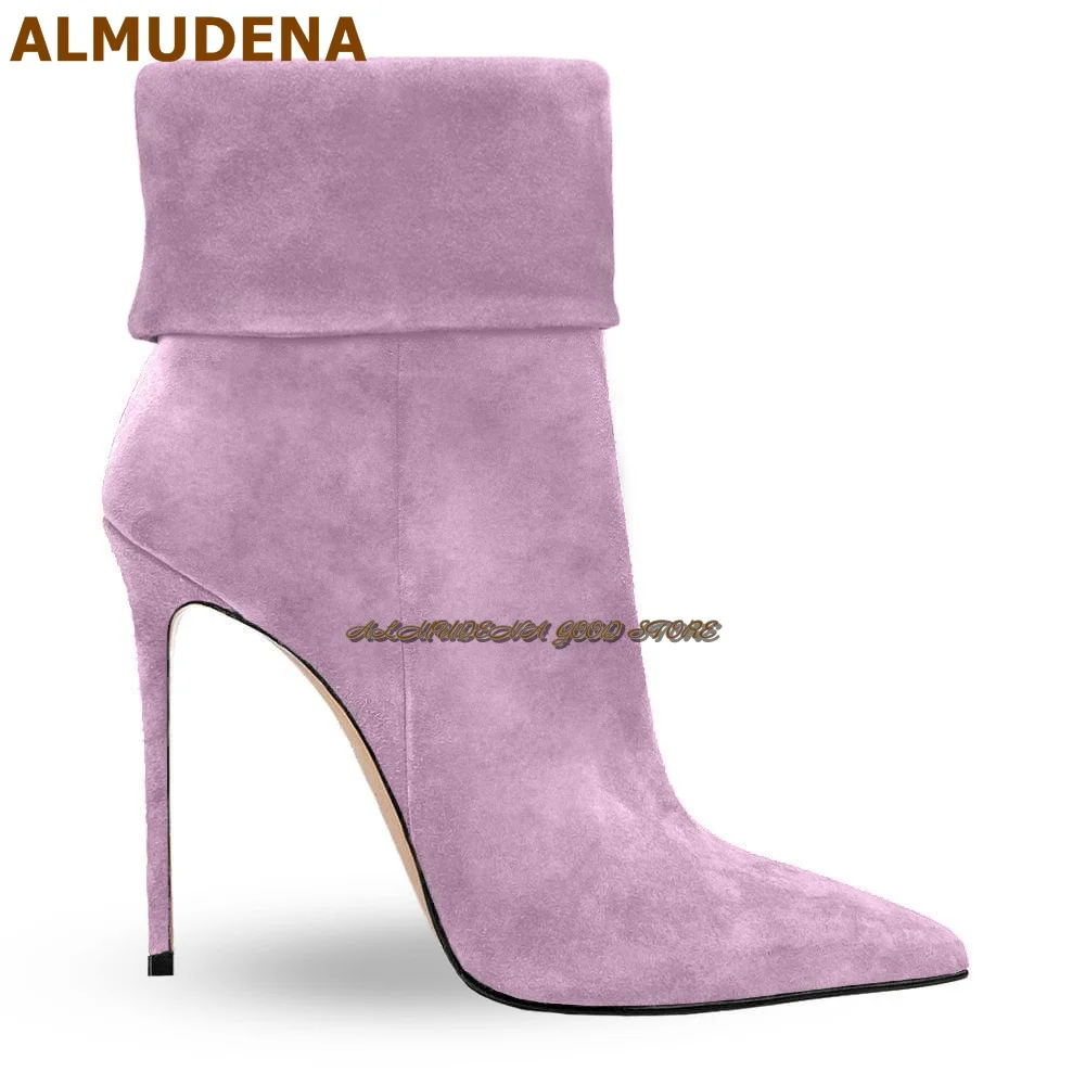 ALMUDENA Pink Suede Thin High Heel Ankle Boots Turn-Over Folded Pointed Toe Short Booties Fall Winter Warm Dress Shoes Zipped