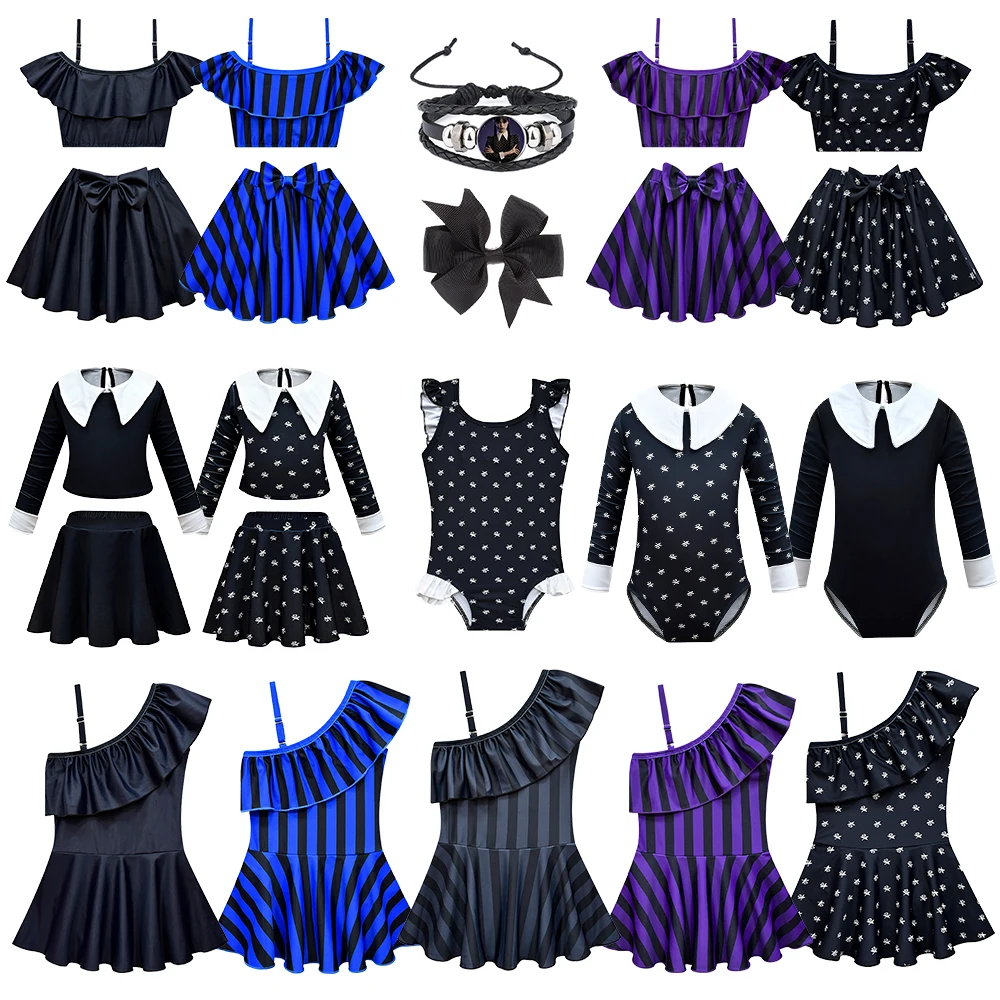 

Костюм для косплея Аддамс, нарядный купальник с цветочным принтом для девочек, лето 2024, детский готический черный бикини, пляжная вечеринка, винтажный купальник с цветочным принтом