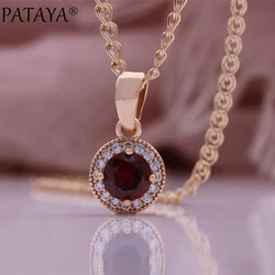 PATAYA Women 585 Rose Gold Color Exquisite and Lovely Pomegranate Red Cubic Zircon Stone Round Pendant Chain Necklace