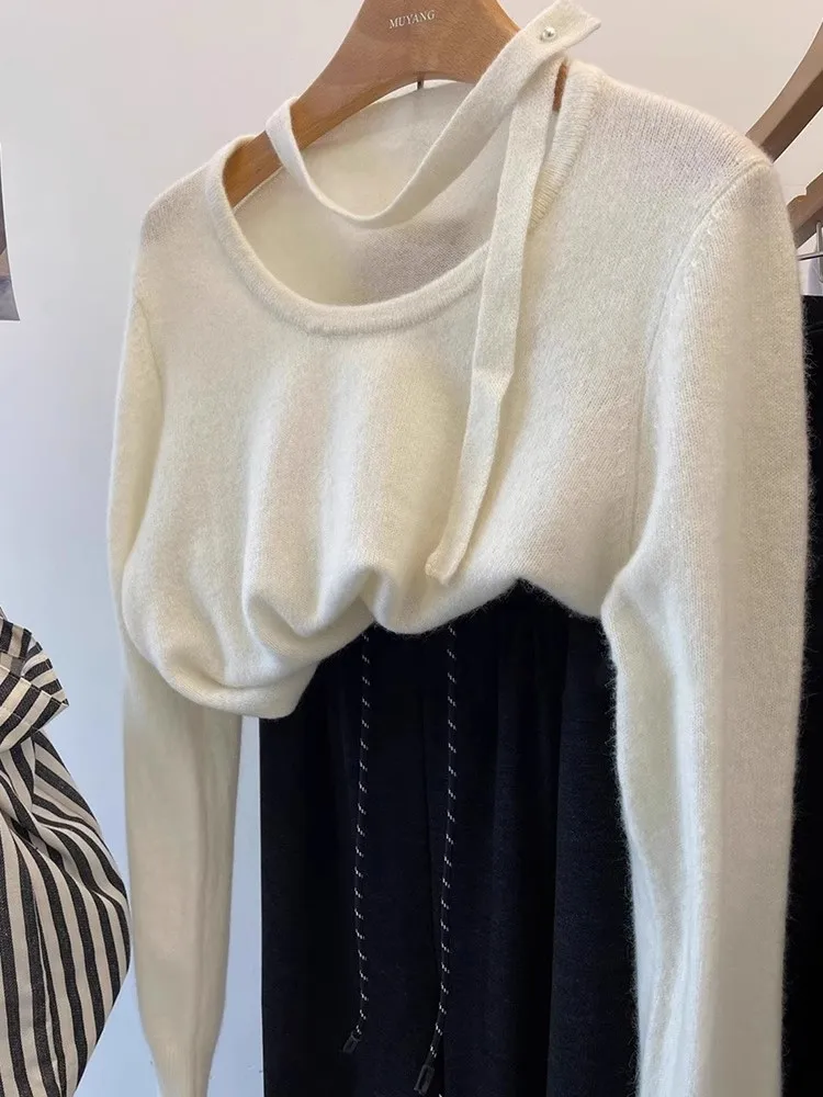 سترة محبوكة بأكمام طويلة وشريط معلق برقبة أرجوانية للنساء في الخريف والشتاء، سترة قصيرة راقية وفضفاضة