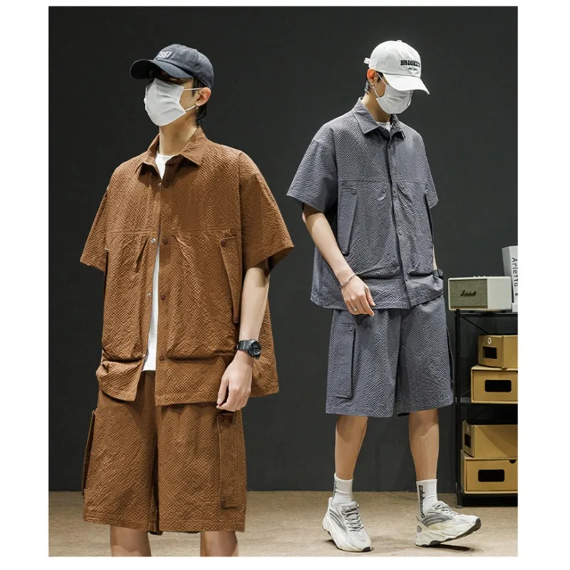 

2025 Summer Men Solid Color Shirt Shorts Set Men Casual Two Pieces Sets Man Tracksuits Men Short Sleeve Shirts Shorts Sweatpants