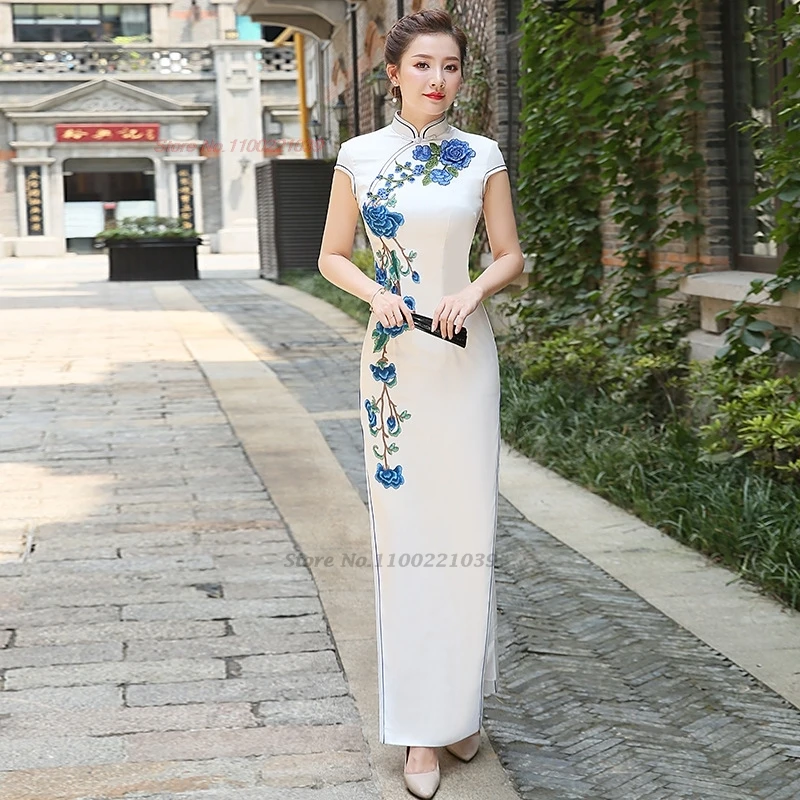 

2025 chinese vintage dress improved cheongsam national flower embroidery stage performance qipao traditional banquet party dress