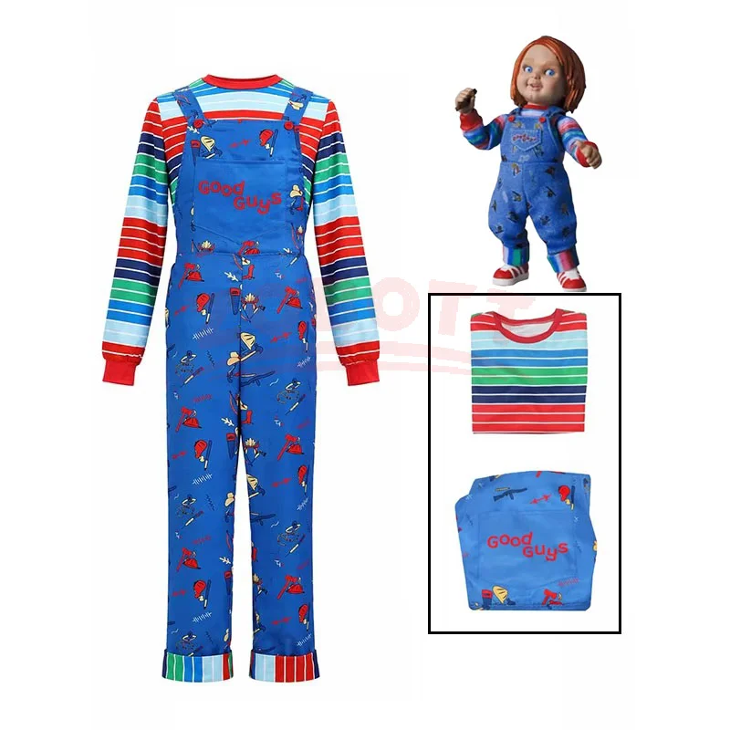 Anime Chucky Cosplay-Kostüm mit gestreiftem Hemd und Overall für Chucky Halloween-Kostüme