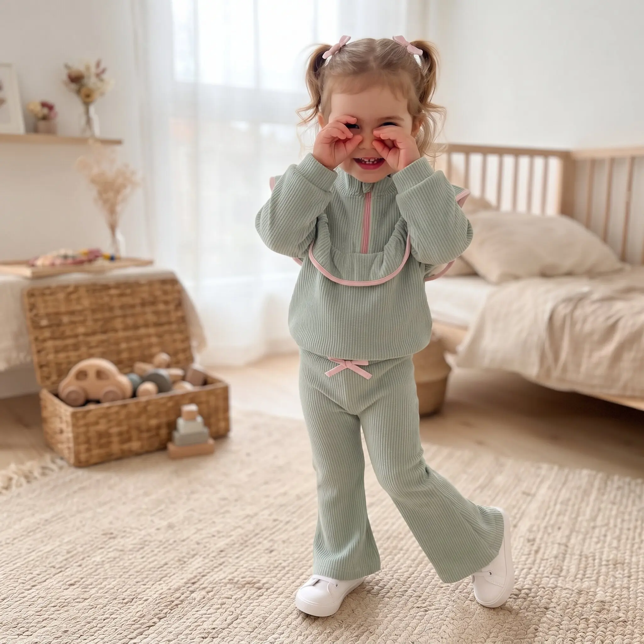 Baby Girl Ribbed Zipper Ruffle Collar 2Pcs Set Light Green Frill Top Bow Flare Pants Toddler Girls Spring Outfit 4