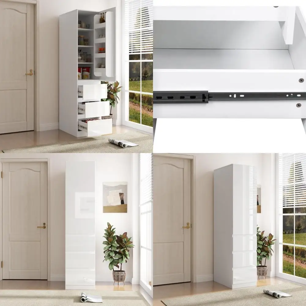 

White 23.6 Inch Deep Kitchen Pantry Cabinet with Drawers and Door Racks for Food Storage, Tall Narrow Cupboard Organizer