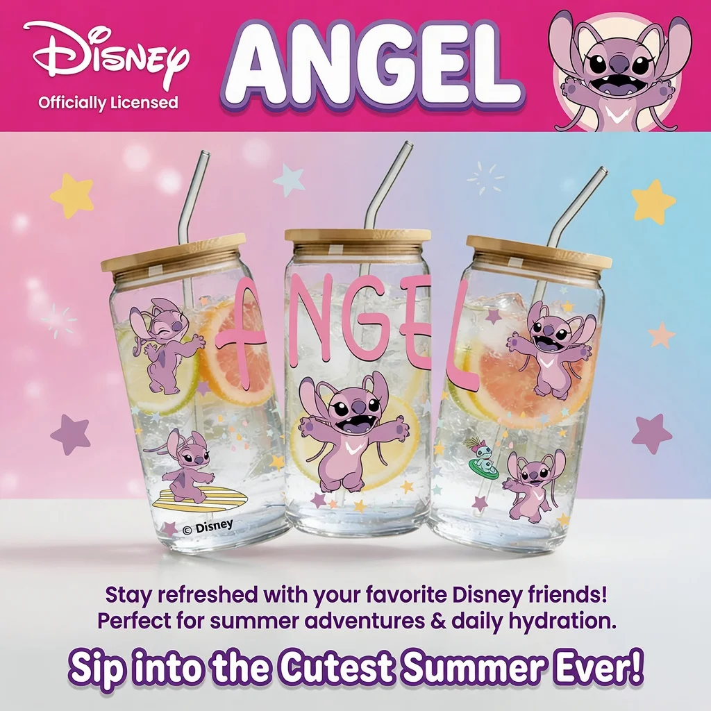 1pc 16oz Disney Angel Stitch Borosilicate Glass Tumbler with Bamboo Lid & Straw Cute Summer Cup for Iced Coffee Milk Juice