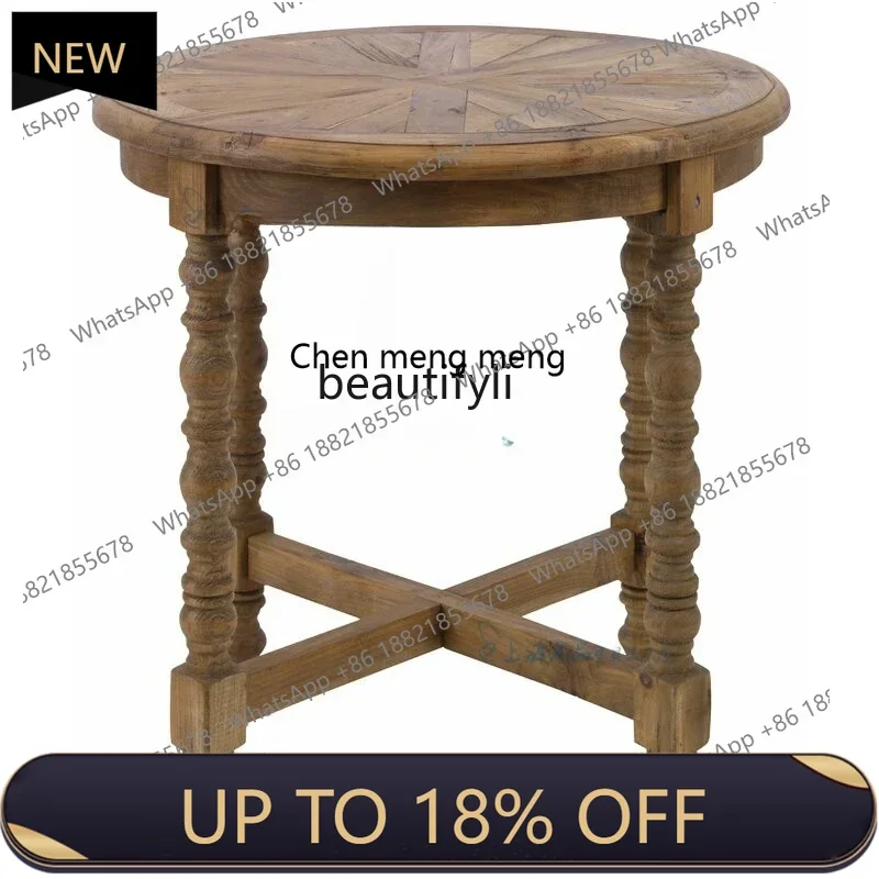 

P178 New American Country Retro Log Solid Wood round Coffee Table French Wooden Carved Distressed Living Room Bedroom Side Tabl