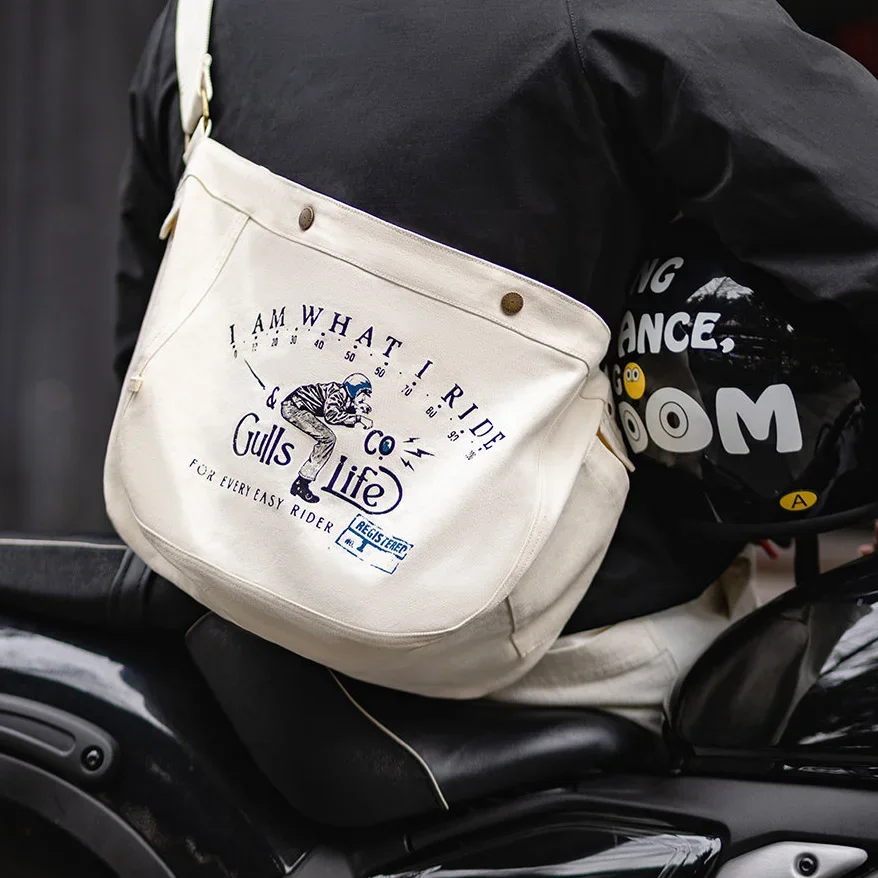 Retro Men Canvas Motorcycle 16oz Heavyweight Newsboy Bag for Women Large Capacity Distressed Printed Tote Crossbody Shoulder Bag
