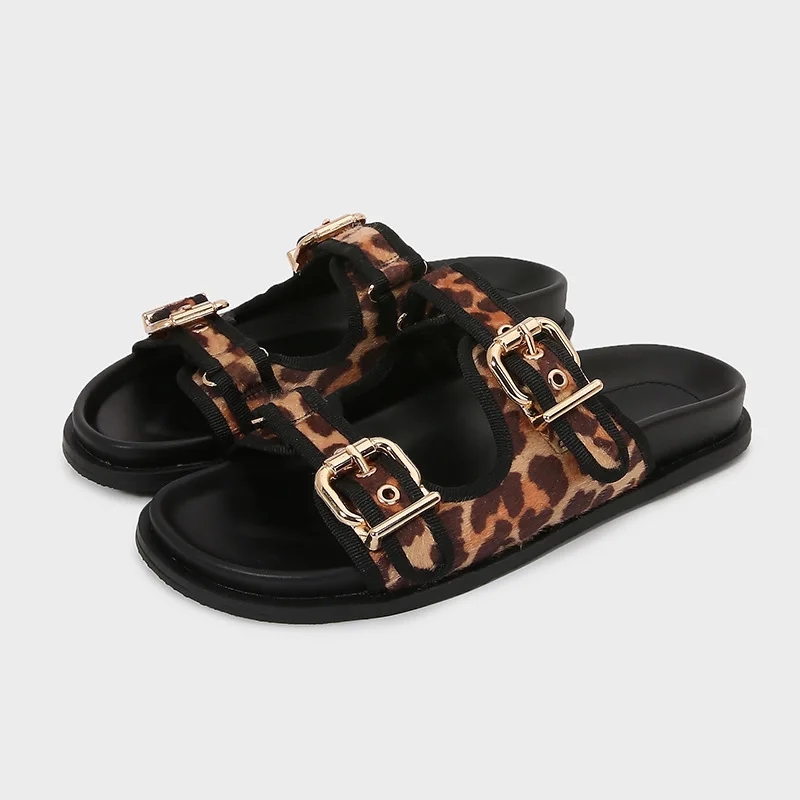 

Leopard Print Platform Women Flat Sandals Casual Metal Buckle Strap 2025 Summer High Quality Thick Sole Female Beach Shoes