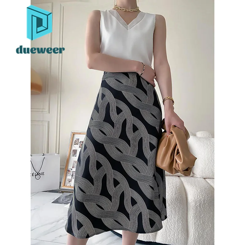 

DUEWEER Retro Spiral Print Skirts Elegant Women 2022 High Waist Midi Skirt Summer Korean Harajuku Fashion Vintage Fairy Grunge