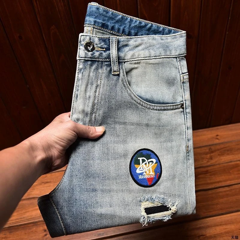 

Men's Retro Nostalgic Denim Pants Soft Elastic Fabric Handmade Ripped Details & Fine Embroidery Patches Slim Cut Design Versatil