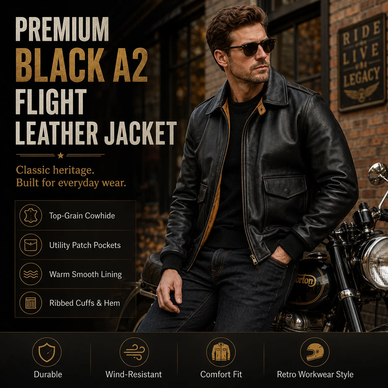 Men Black A2 Flight Leather Jacket Genuine Cowhide Retro Biker Motorcycle Coat Warm Lining Workwear Outerwear Fall Winter Street