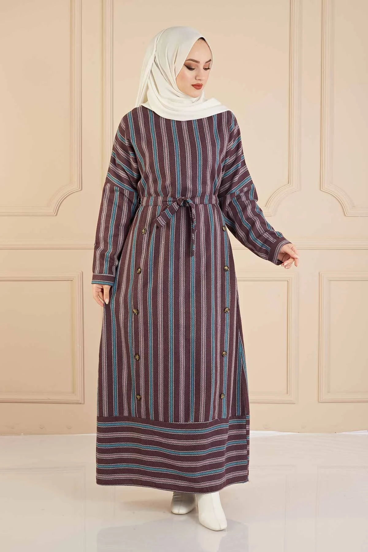 Striped Dress FC Burgundy Winter Autumn 2021 Muslim Women Hijab headscarf Islamic Turkey