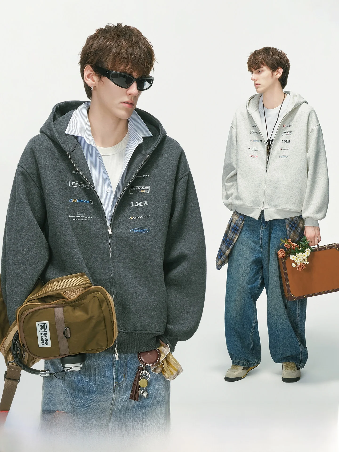 American Style Printed Hooded Open Cardigan Sweatshirt Men's Autumn Heavy Commute Boys Double Zipper Jacket Dream Made