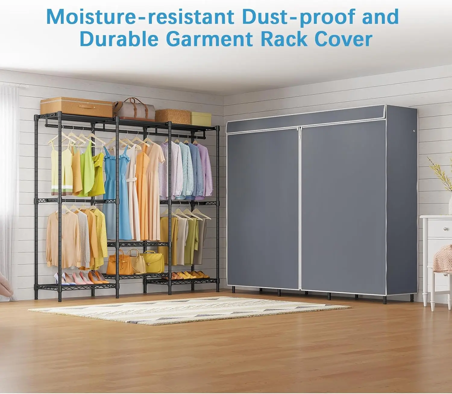 Covered Garment Rack Heavy Duty Clothes Rack with Cover and Adjustable Shelves,Freestanding Portable Closet Rack Armoire Clothes