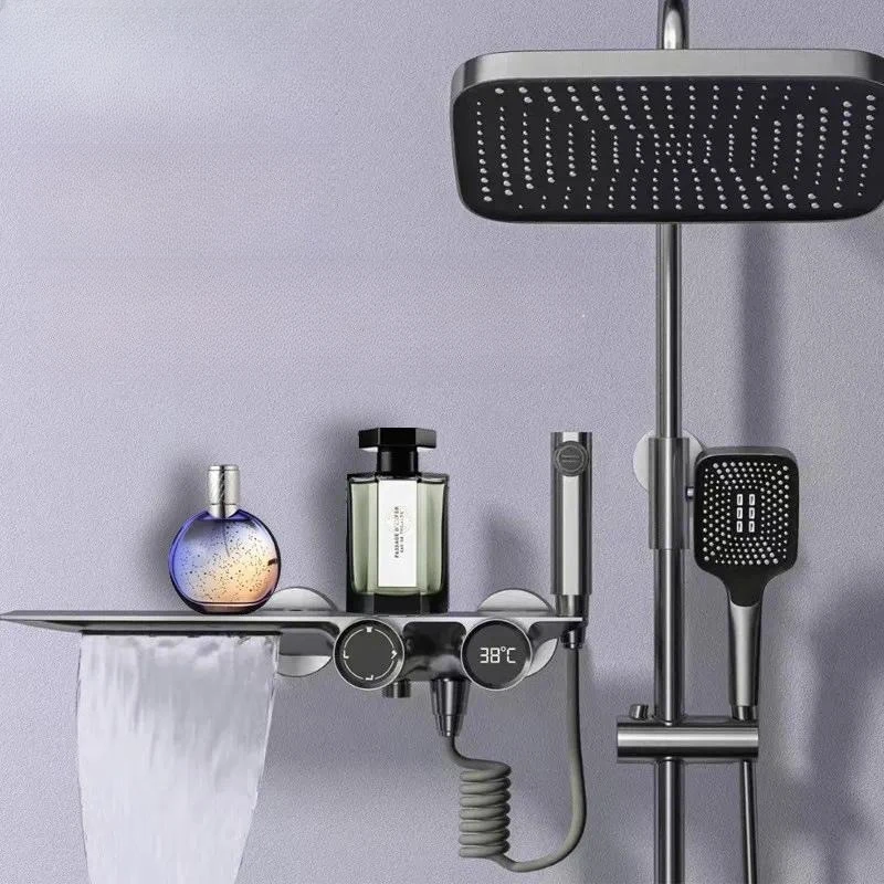 Gray Wire Drawing Smart Digital Display Shower Faucet Set Four Speed Hot Cold Pressurized Bathroom Starry Sky Shower Head