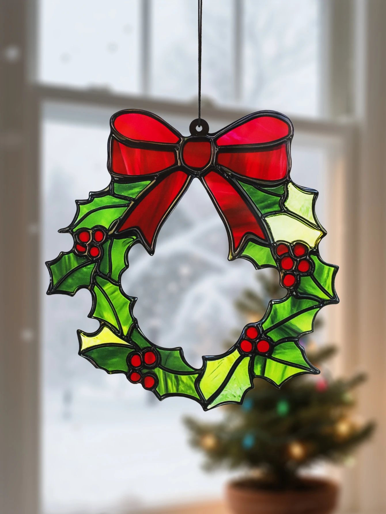 Green Christmas Acrylic Holly Wreath Ornament with Red Bow, Hanging Window Decor, Festive Xmas Tree Decoration for Home & Party