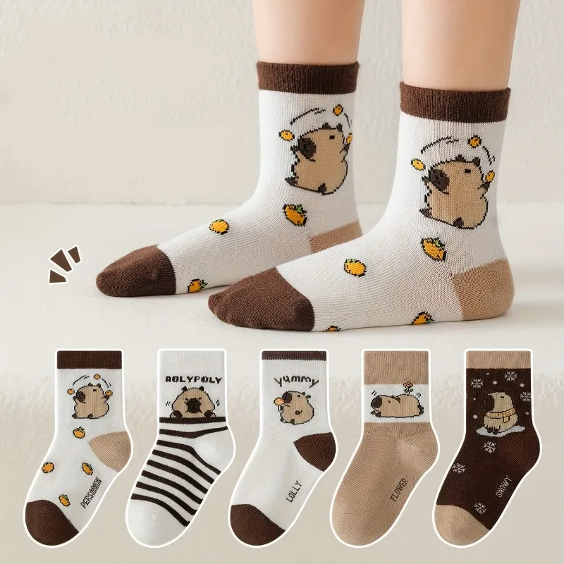 5 Pairs Random Kids Capybara Cartoon Crew Socks, Cute Animal Pattern, Brown Color Set, Fun Daily Wear for Boys And Girls