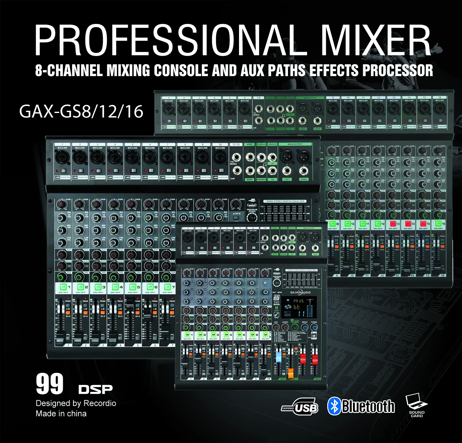 GAX-GS16 มิกเซอร์ 16 ช่องระดับมืออาชีพพร้อมเอฟเฟกต์ผสม 99 แบบการจัดกลุ่มการแสดงบนเวทีที่สมดุลของบลูทูธ