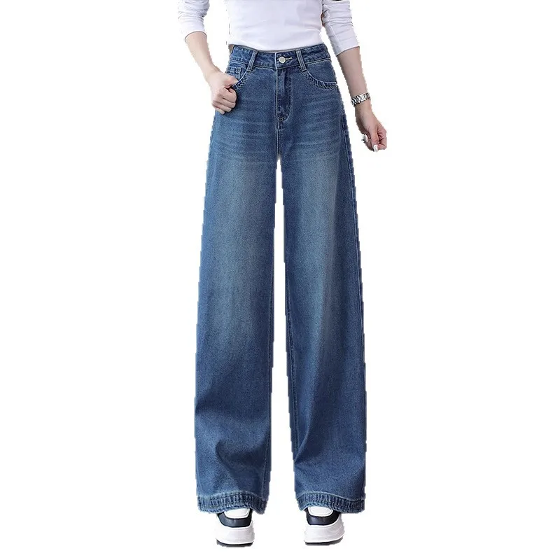Vintage gewaschene blaue Scimitar-Jeans für Damen, Frühling und Herbst, neue, hoch taillierte, schlanke, gerade Bananenhose