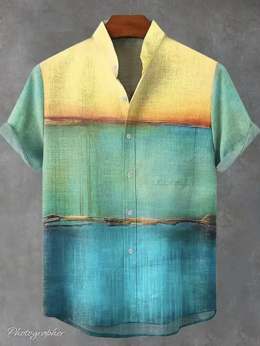 Summer New Product, Men's Short Sleeved Shirt, Multi-Color Geometric Stripes, Hawaii, Linen Casual Fashion, Beach