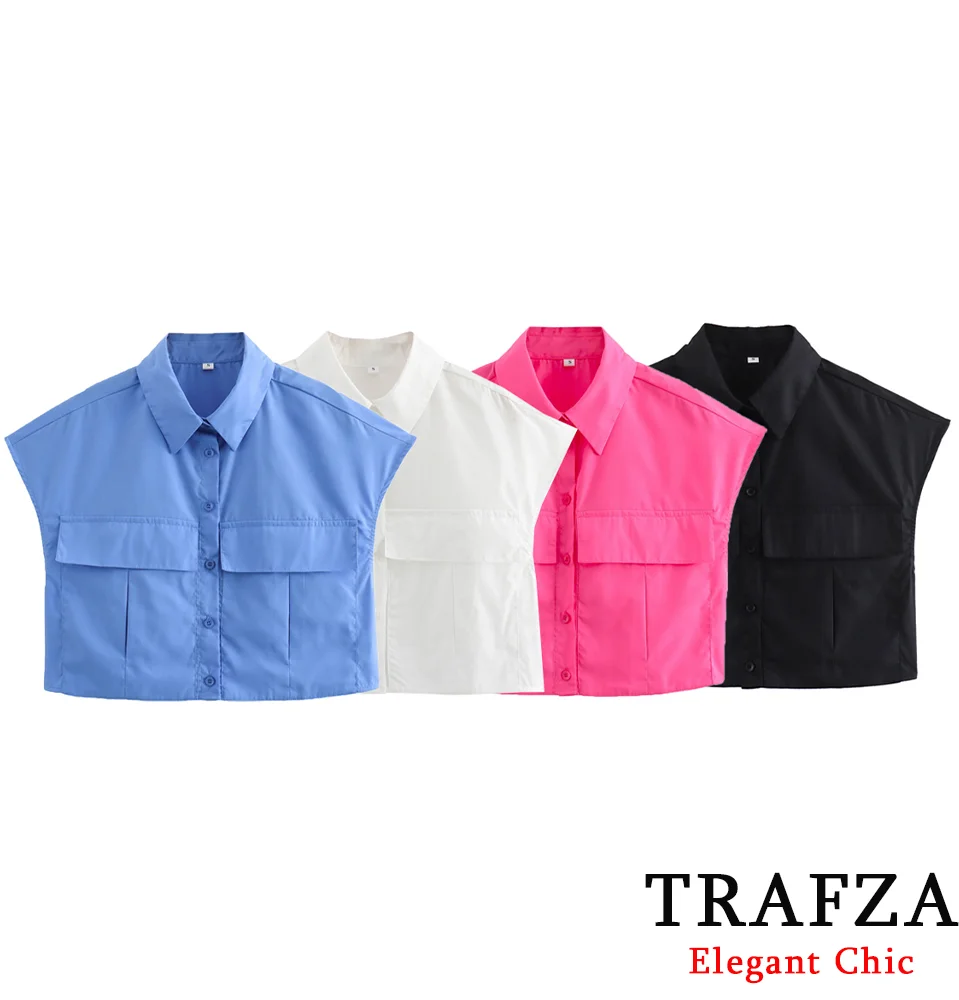 TRAFZA Basic Casual Sleeveless Short-Shirt Women\'s Pocket Lapel Buttons Shirt New 2024 Summer Fasion Holiday Commuter Outfit Top