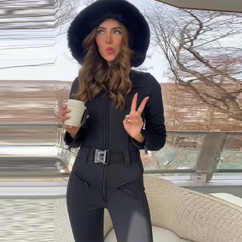 Conjunto de esquí grueso y cálido para mujer, traje deportivo informal de invierno, traje de una pieza con estilo, mono de nieve acolchado con cinturón ajustado versátil