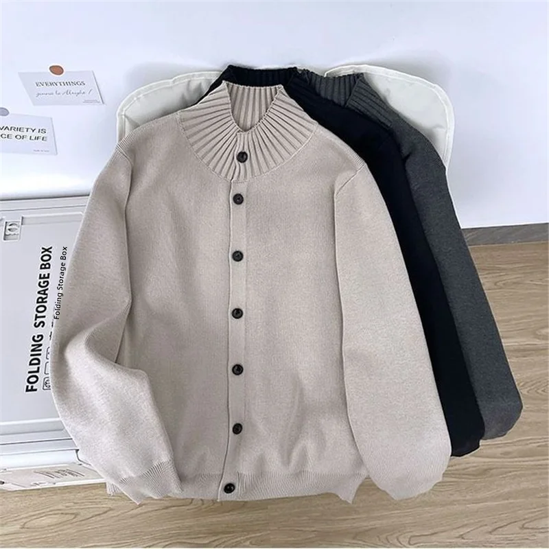 

Men's Knitted f-High Collar Button Cardigan Pure Color Warmth Outerwear Retro Vintage Sle Autumn Winter Faion Brand