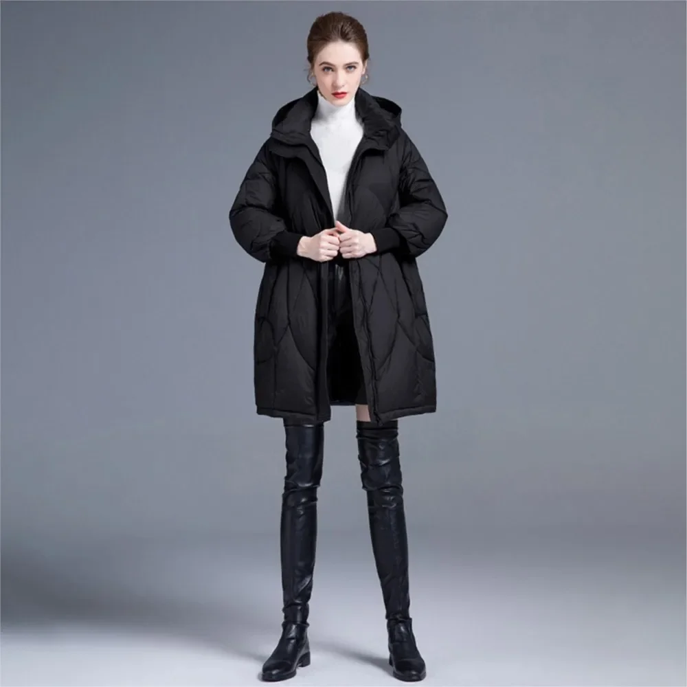 New Johnature Women Winter White Down Coats Warm Solid Color Zipper Hooded Long Sleeve Loose Female Down Coats