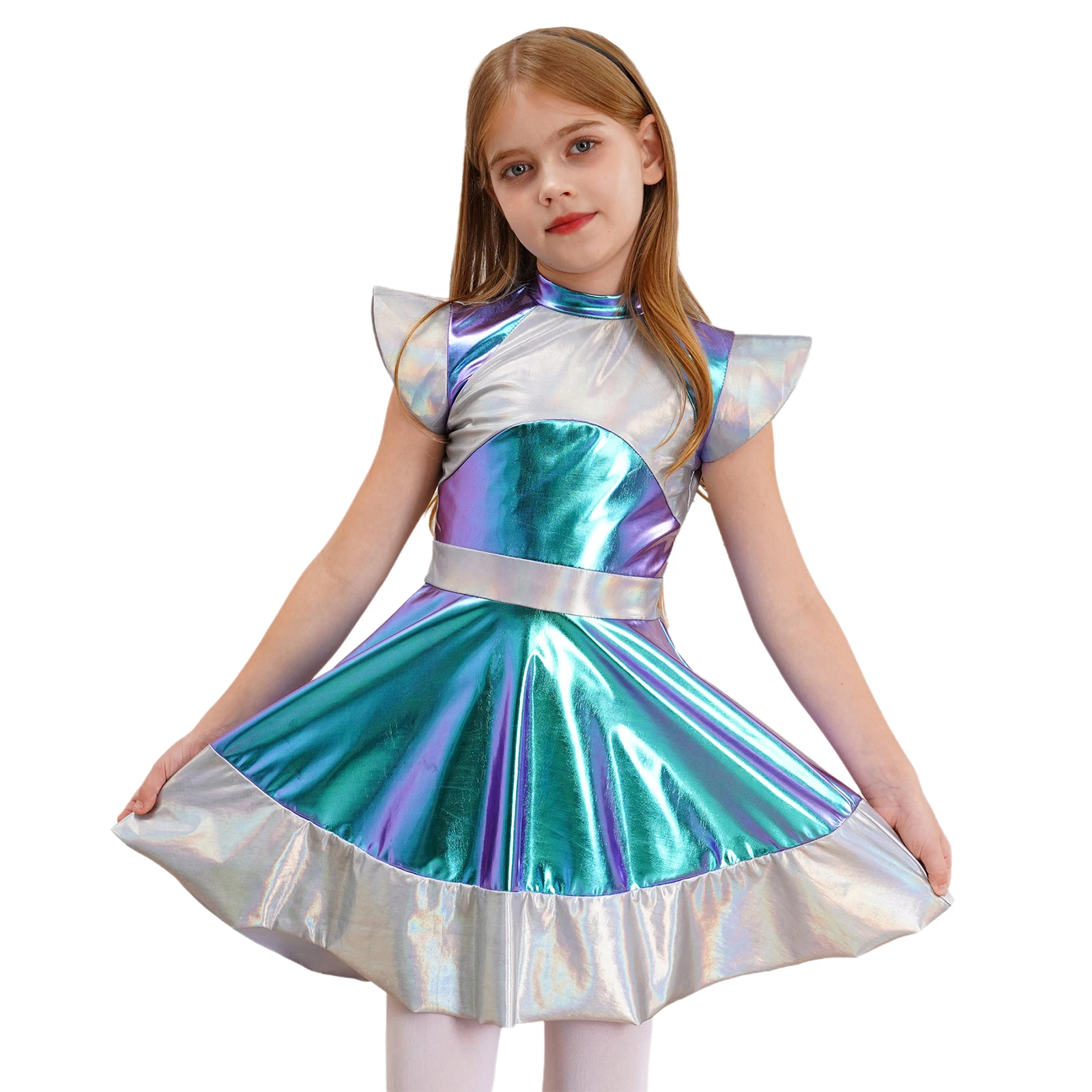 Girls Shiny Alien Outerspace Halloween Cosplay Costume Fling Sleeve Gradients A Line Tutu Dance Dress for Future World Party