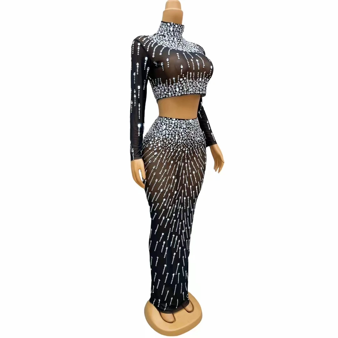 Luxury Half High Necked Long Sleeved Crystal Mini Top Artificial Silk Inlaid Diamond Tight Skirt Celebrity Party Sexy Dress Set