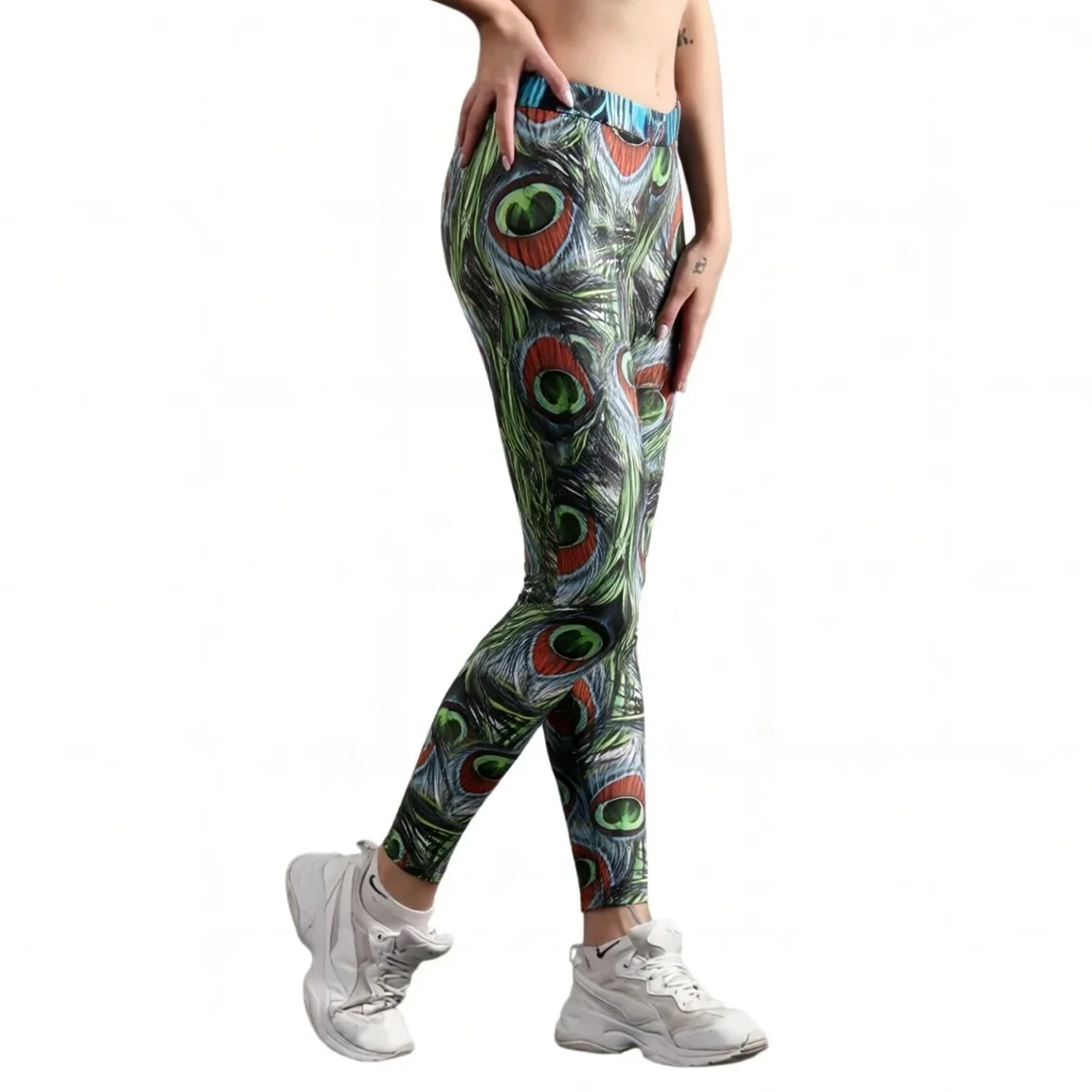 Womens Peacock Feather Print Leggings High Waist Stretchy Workout Yoga Pants