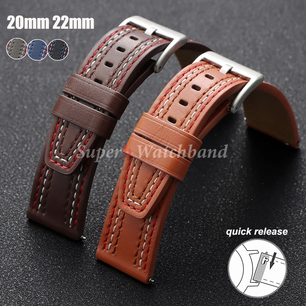 

20 22mm Genuine Cowhide Universal Watchbands Bracelet Black Blue Gray Brown Calfskin Watch Strap for Galaxy Wrist Band Women Men