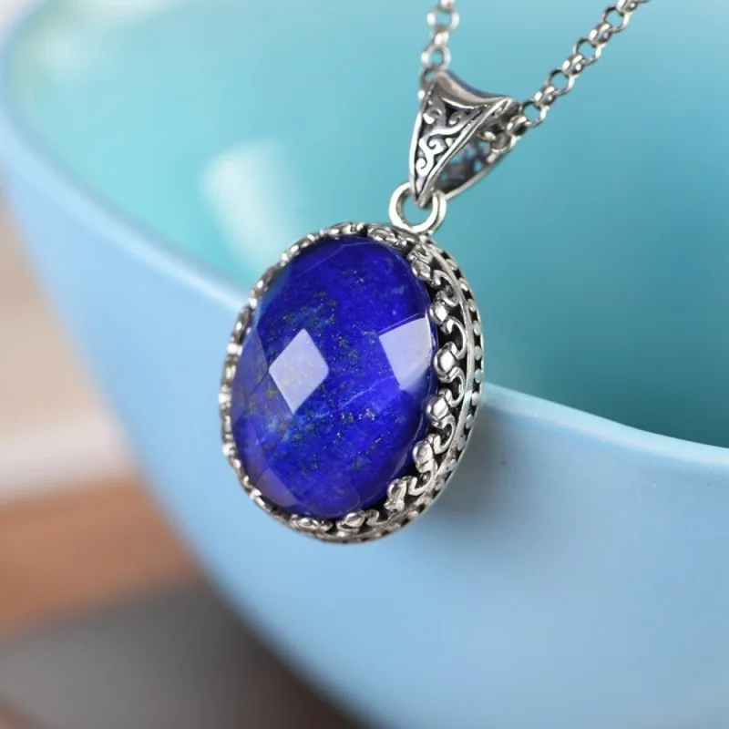 

Real Pure S925 Sterling Silver Lucky Gift Natural Lapis Lazuli Pattern Oval Pendant