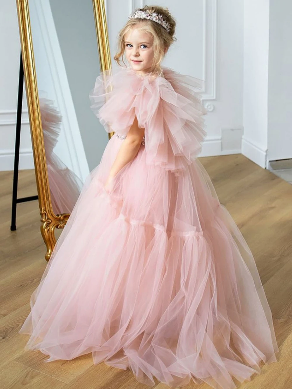 Robe trapèze longue bouffante en tulle rose pour filles, robe de princesse personnalisée pour enfants, fête d'anniversaire, robe de banquet de mariage élégante, quelle que soit