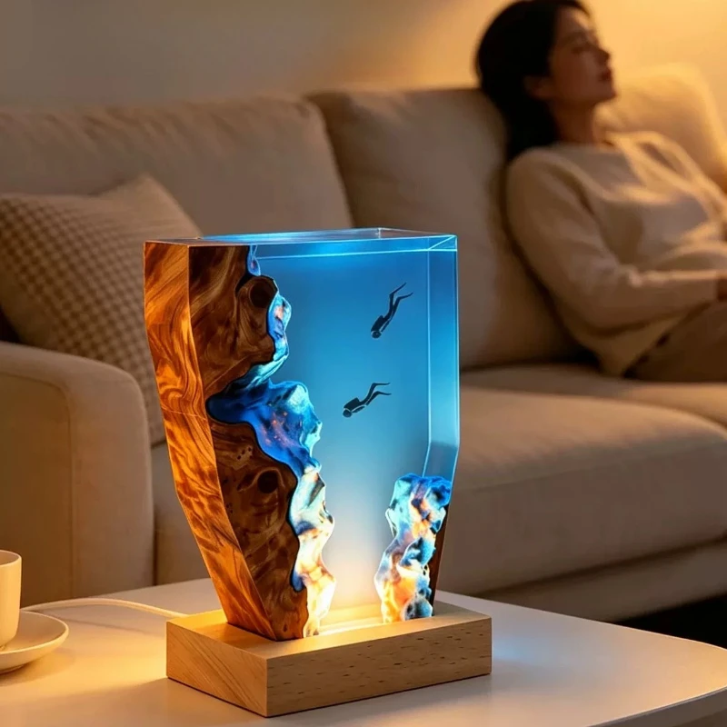 Diving Cave Exploration Resin Table Lamp, Seabed Organism Miniature DIY Night Light, Creative Home Decoration