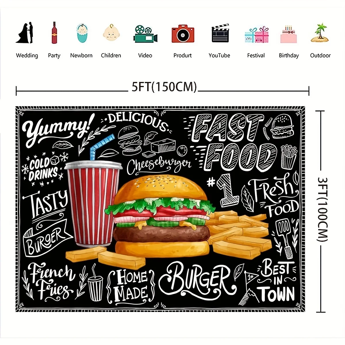 Fast Food Photography Backdrop Burger And Fries Themed Party Decoration Children Pet Photography Baby Shower Banner