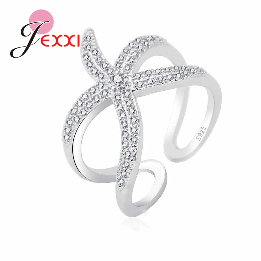 Newest Original 925 Sterling Silver Adjustable Ring Big Starfish Paved Shiny White Crystals Opening Rings Women Accessory