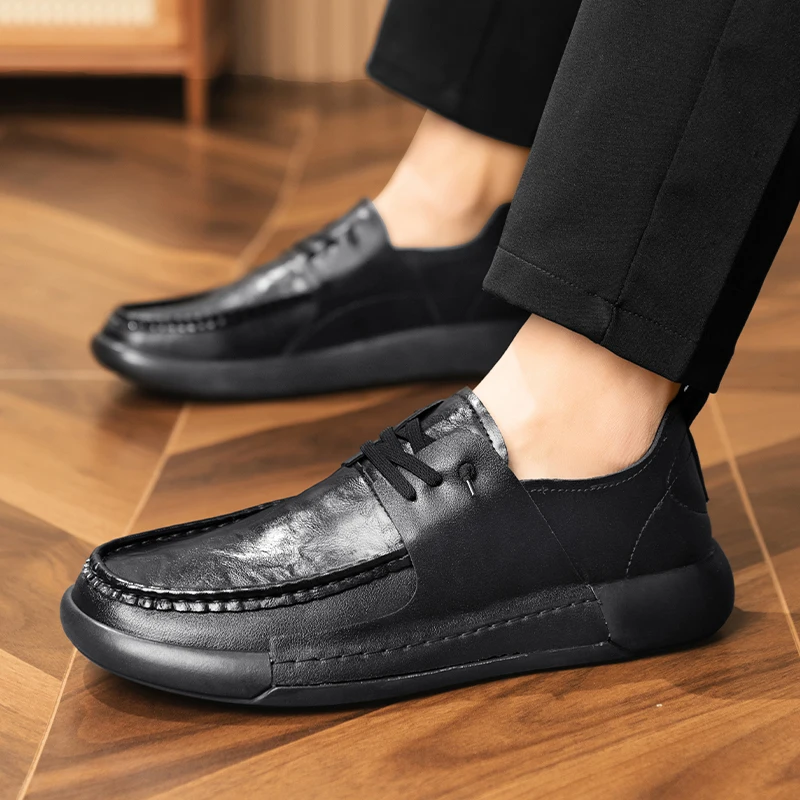 High-quality Men's Shoes 2024 Spring New Pure Black Business Formal Wear Versatile Shoes Lace-up Low-cut Casual Men's Shoes